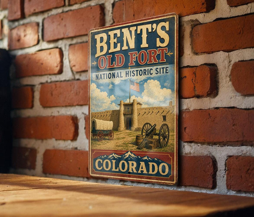 A vintage-style metal sign for Bent's Old Fort, a National Historic Site in Colorado, is displayed on a brick wall.