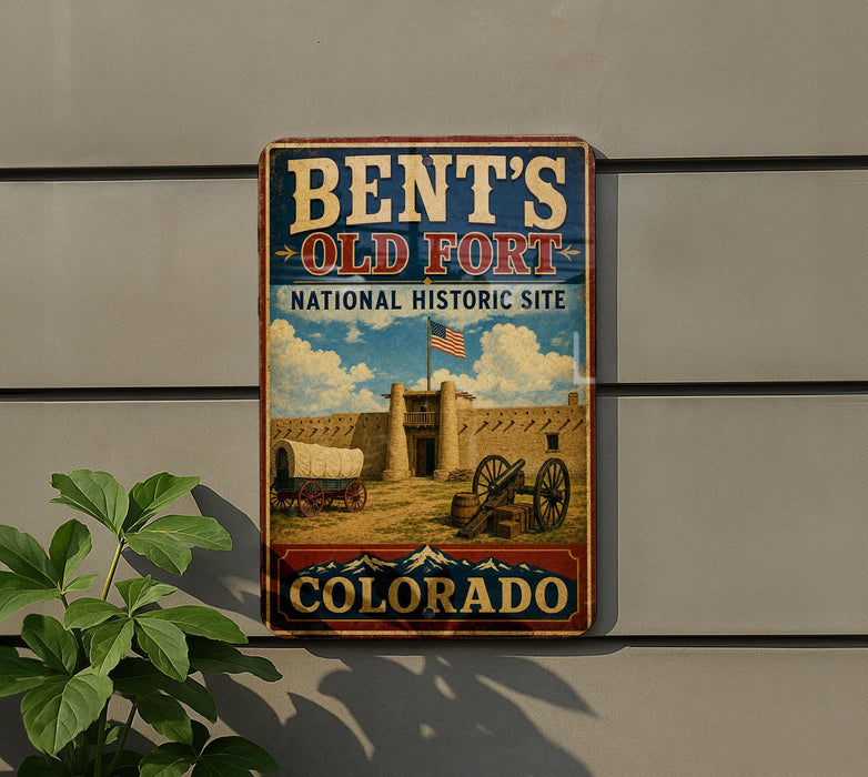 A vintage-style metal sign for Bent's Old Fort, a National Historic Site in Colorado, featuring a wagon and a castle in the background.