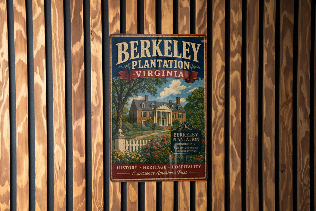 A vintage-style metal sign for Berkeley Plantation, Virginia, featuring a house and trees in a wooded setting.