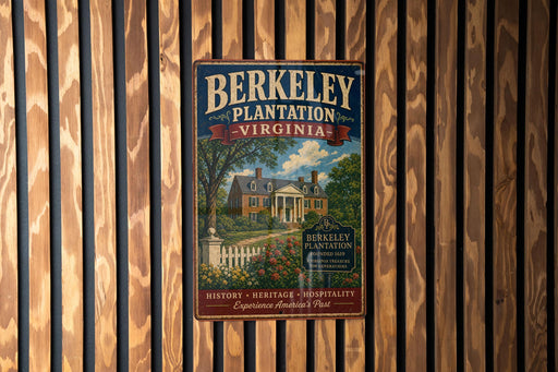 A vintage-style metal sign for Berkeley Plantation, Virginia, featuring a house and trees in a wooded setting.