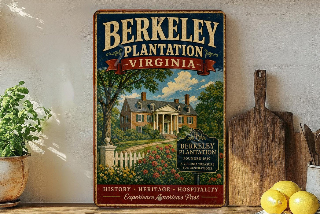 A vintage-style metal sign for Berkeley Plantation, Virginia, featuring an illustration of a historic plantation house surrounded by a well-maintained garden.