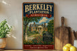 A vintage-style metal sign for Berkeley Plantation, Virginia, featuring an illustration of a historic plantation house surrounded by a well-maintained garden.