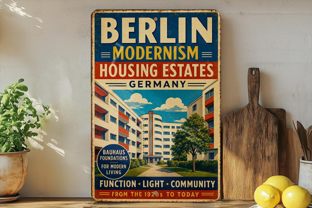 A vintage-style poster advertising Bauhaus housing estates in Berlin, Germany, with a colorful illustration of a building and a tree.