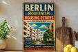 A vintage-style poster advertising Bauhaus housing estates in Berlin, Germany, with a colorful illustration of a building and a tree.