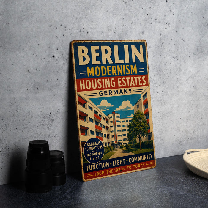 A vintage metal sign advertising modern housing in Berlin, Germany, with a colorful illustration of an apartment building and a tree.