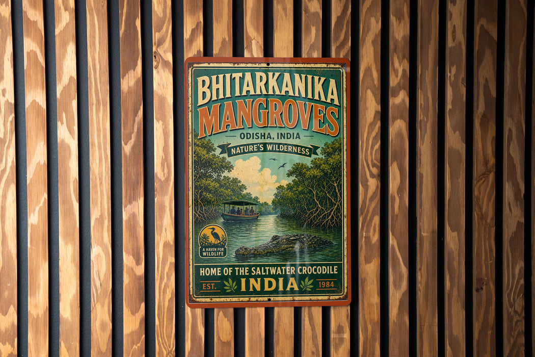A vintage-style metal sign for the Bhtarkanika Mangroves, a nature reserve in Odisha, India, is displayed on a wooden wall.