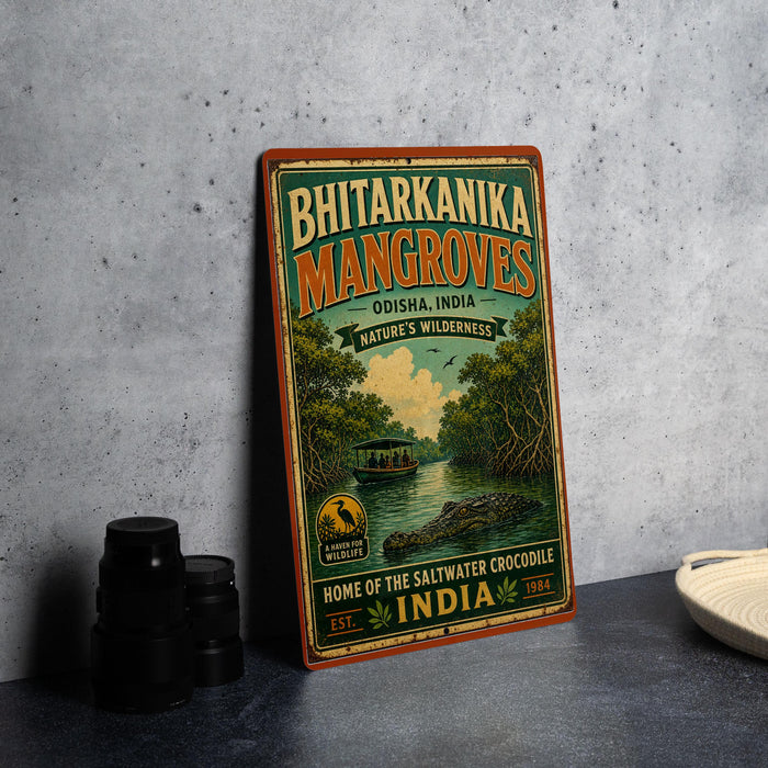 A vintage-style sign for the Bitharkanika Mangroves, a nature reserve in Odisha, India, featuring a scenic illustration of a boat on a river surrounded by lush greenery.