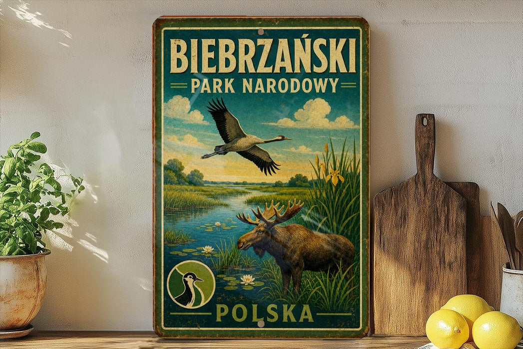 A vintage-style metal sign for the Biebrzanski Park in Narodowy, Poland, featuring a moose and a bird in a natural landscape.