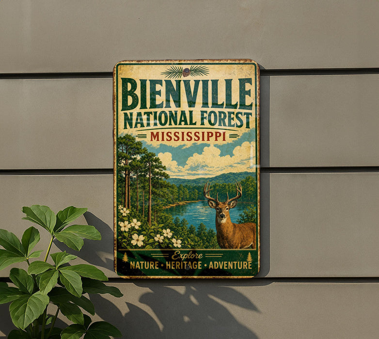 a vintage-style metal sign for the Bienville National Forest in Mississippi, with a deer illustration and the text "Bienville National Forest, Mississippi, Explore Nature, Heritage, Adventure".