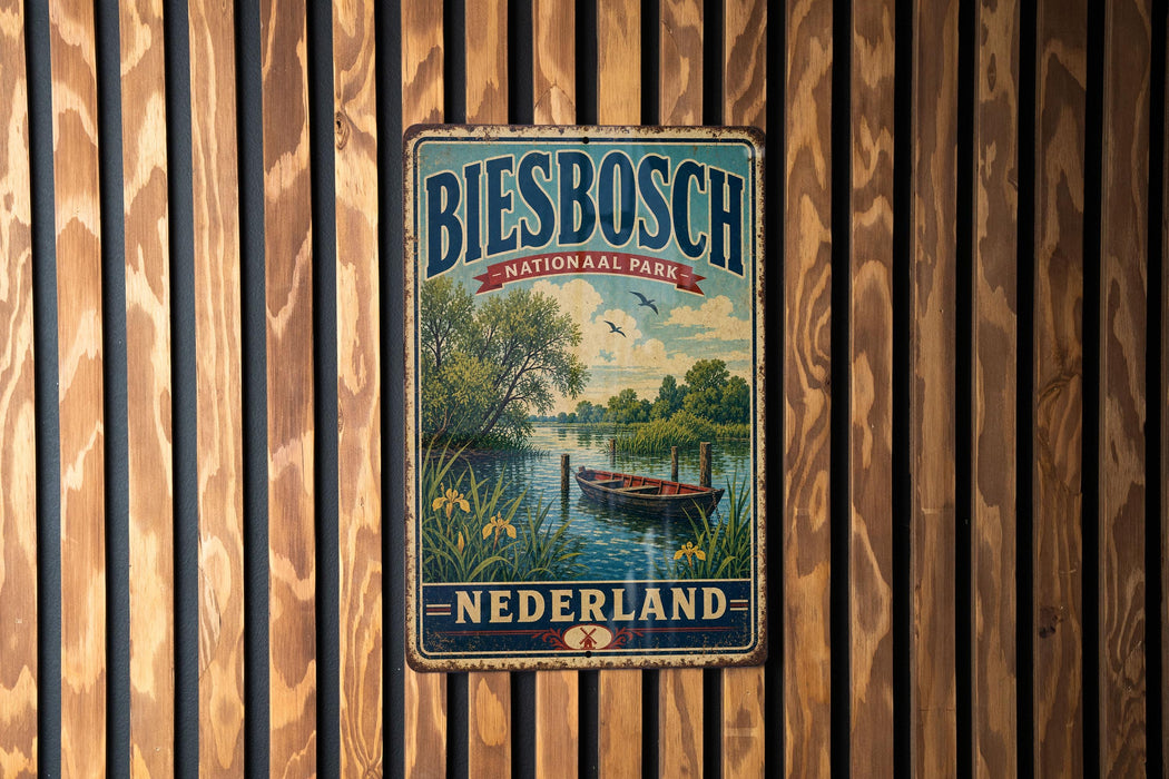 A vintage metal sign with the text "Biesbosch National Park - Nederland" is displayed on a wooden wall.