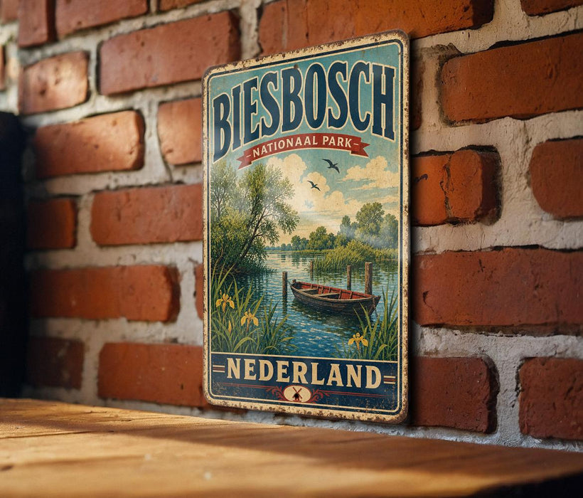 A vintage-style metal sign with the text "Biesbach Nederland" hanging on a brick wall.