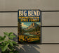 A vintage metal sign for the Big Bend State Forest, featuring a scenic mountain landscape with a river and pine trees.