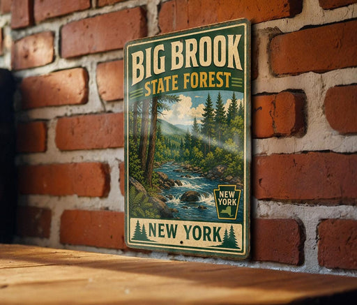 A vintage-style metal sign for the Big Brook State Forest in New York, featuring a scenic illustration of a forest and a river.