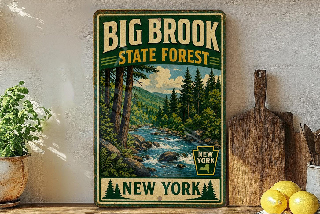 A vintage-style sign for the Big Brook State Forest in New York, featuring a scenic illustration of a forest and a river.