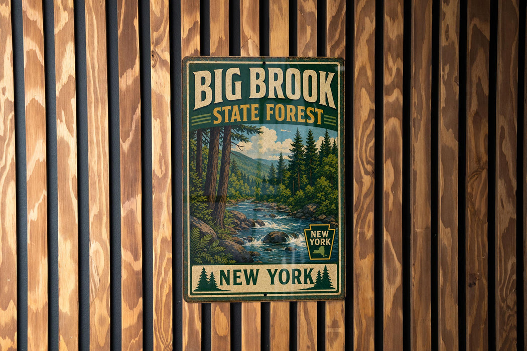 A vintage-style metal sign for the Big Brook State Forest in New York, featuring a scenic illustration of a forest and a river.