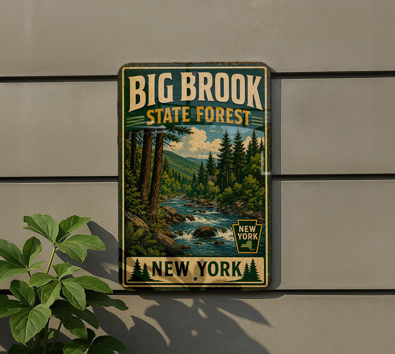 A vintage-style metal sign for Big Brook State Forest in New York, featuring a scenic image of a forest and a river.