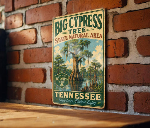 A vintage-style sign for the Big Cypress Tree State Natural Area in Tennessee, featuring a large cypress tree and a river.