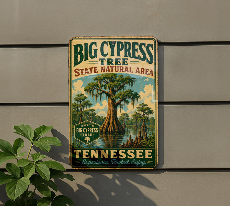 A vintage-style sign for the Big Cypress Tree State Natural Area in Tennessee, featuring a large cypress tree and a river.