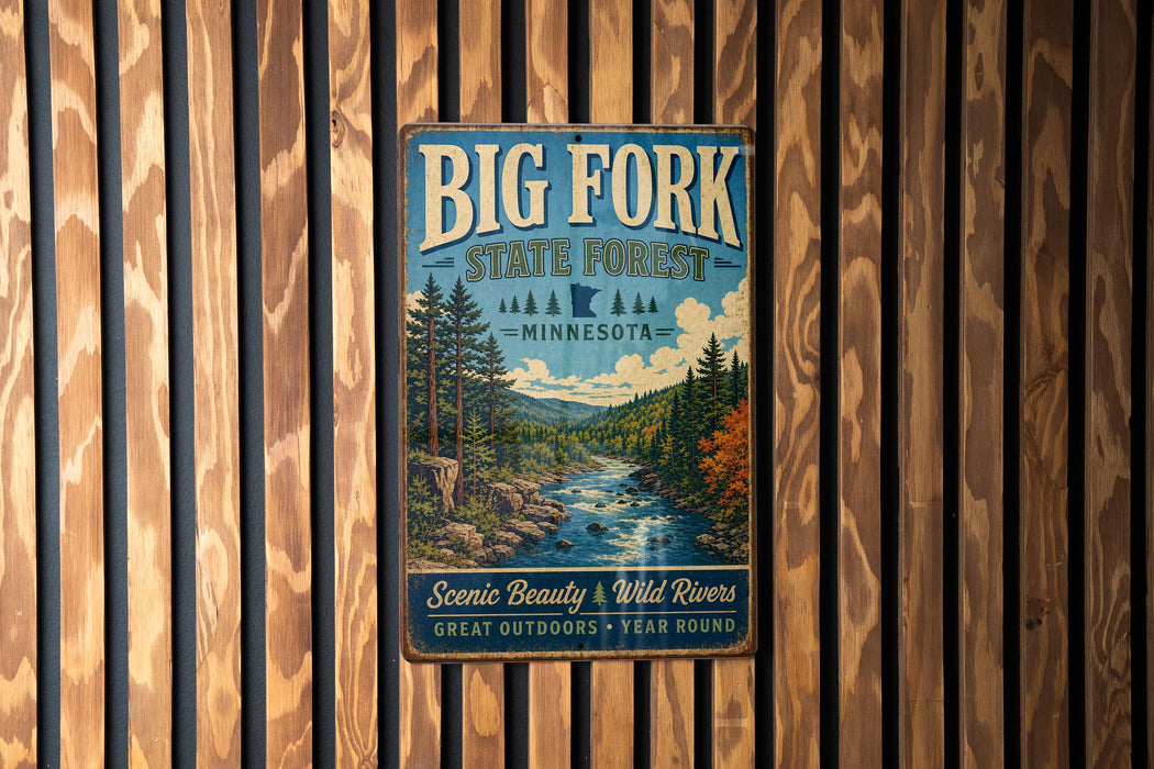 A vintage metal sign for Big Fork State Forest in Minnesota, featuring a scenic illustration of a forest and a river.