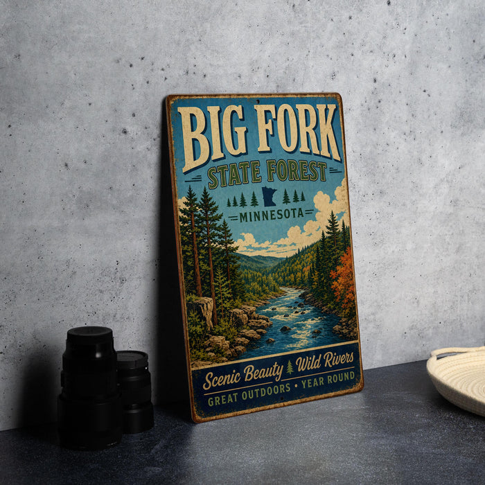 A vintage-style sign for Big Fork State Forest in Minnesota, featuring a scenic illustration of a river surrounded by pine trees and mountains.