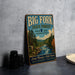 A vintage-style sign for Big Fork State Forest in Minnesota, featuring a scenic illustration of a river surrounded by pine trees and mountains.