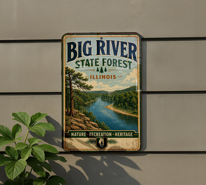 A vintage-style metal sign for Big River State Forest in Illinois, featuring a scenic image of a river surrounded by lush greenery.