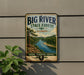 A vintage-style metal sign for Big River State Forest in Illinois, featuring a scenic image of a river surrounded by lush greenery.