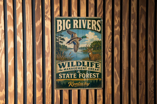 A vintage-style metal sign for the Big Rivers Wildlife Management Area in Kentucky, featuring a duck and deer in a natural setting.
