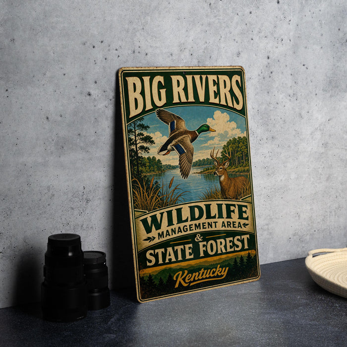A vintage-style metal sign for the Big Rivers Wildlife Management Area and State Forest in Kentucky, featuring an illustration of ducks and deer in a natural setting.
