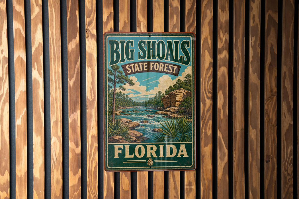 A vintage-style metal sign for Big Shoals State Forest in Florida, featuring a scenic illustration of a river and forest landscape.