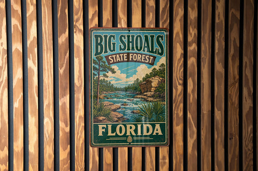 A vintage-style metal sign for Big Shoals State Forest in Florida, featuring a scenic illustration of a river and forest landscape.