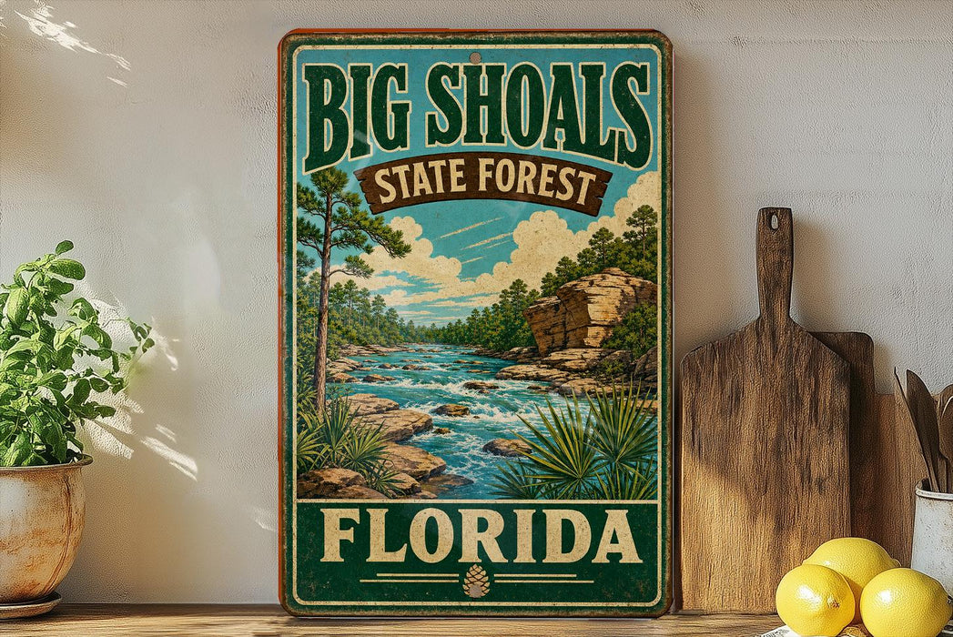 A vintage-style sign for Big Shoals State Forest in Florida, featuring a scenic illustration of a river and forest landscape.