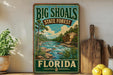 A vintage-style sign for Big Shoals State Forest in Florida, featuring a scenic illustration of a river and forest landscape.