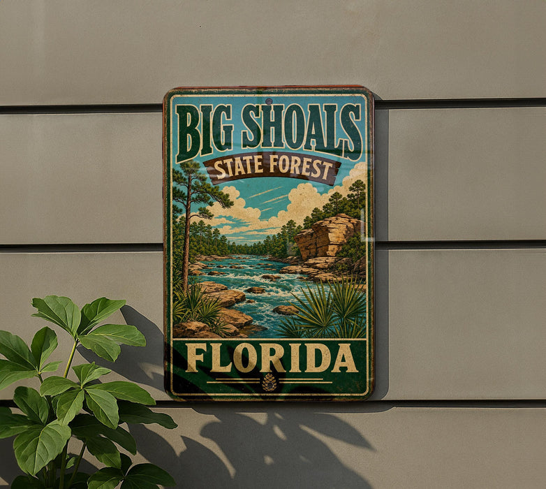 A vintage-style metal sign for Big Shoals State Forest in Florida, featuring a scenic landscape with a river, pine trees, and a cloudy sky.