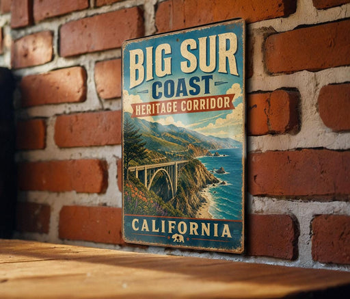 A vintage-style metal sign for the Big Sur Coast Heritage Corridor in California, featuring a scenic image of the coastal landscape with a bridge.