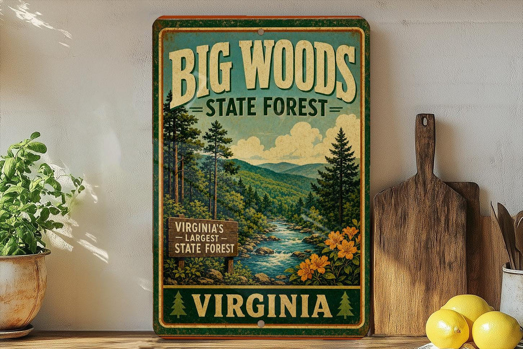 A vintage-style sign for the Big Woods State Forest in Virginia, featuring a scenic illustration of a forest landscape with a river and mountains.