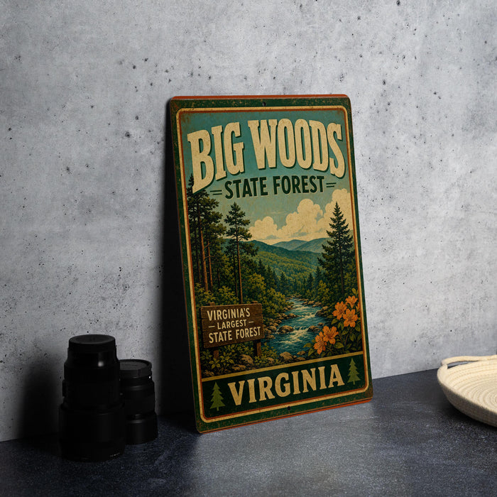 A vintage-style sign for Big Woods State Forest in Virginia, featuring a scenic illustration of a forest landscape with a river and mountains in the background.