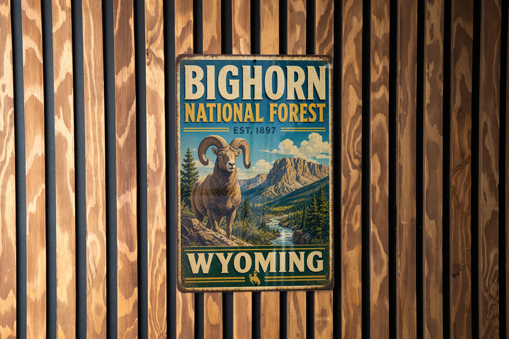 A vintage-style metal sign for the Big Horn National Forest in Wyoming, featuring a large image of a bighorn sheep against a mountainous landscape.
