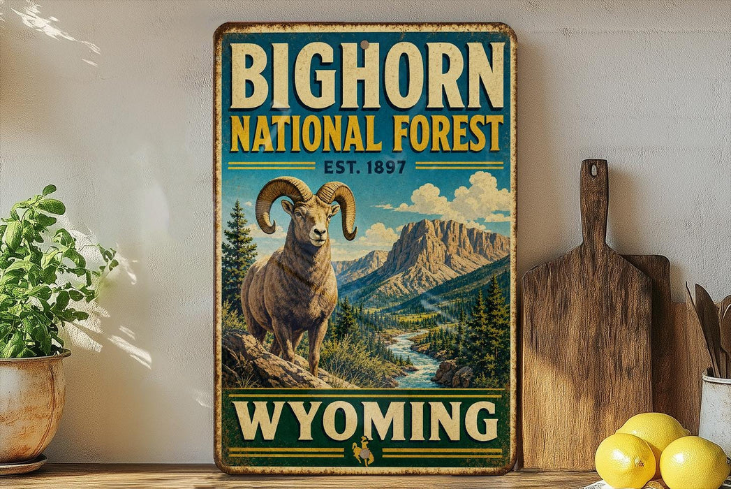 A vintage-style sign for the Big Horn National Forest in Wyoming, featuring a large image of a bighorn sheep in a mountainous landscape.
