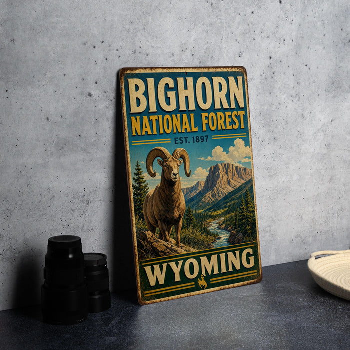 A vintage-style metal sign for the Big Horn National Forest in Wyoming, featuring an illustration of a bighorn sheep in a mountainous landscape.