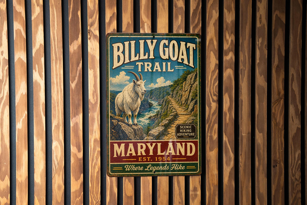 A metal sign for the Billy Goat Trail in Maryland, featuring a mountain landscape with a goat.