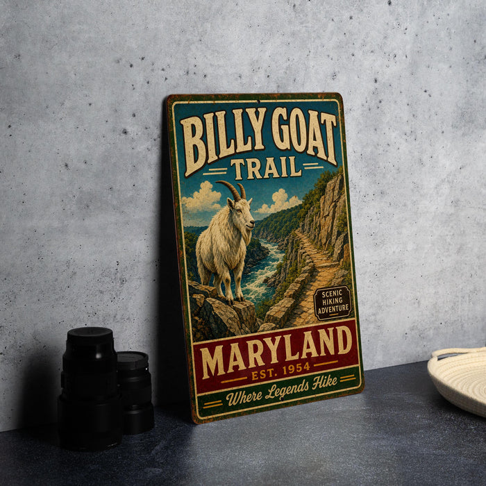 A vintage metal sign for the Billy Goat Trail in Maryland, featuring an illustration of a goat on a mountain trail.