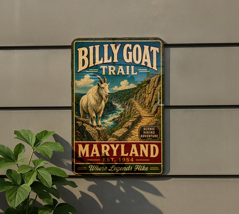 A metal sign on a wall that says " Billy Goat Trail Maryland" and features an illustration of a goat on a mountain.
