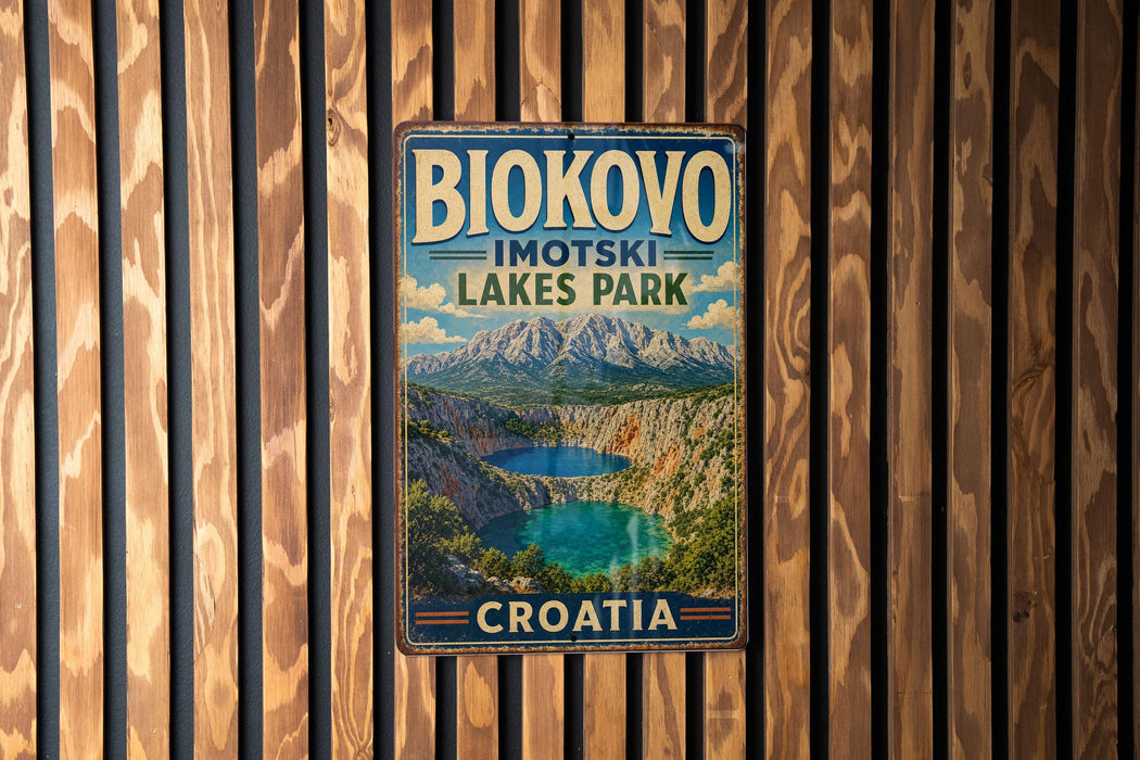 A vintage metal sign for Biokovo Imotski Lakes Park in Croatia, featuring a scenic mountain landscape with a lake in the foreground.