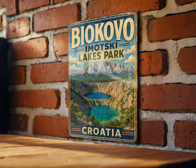 A vintage metal sign displaying the name "BIOKOVO IMOTSKI LAKES PARK" and the word "CROATIA" is hanging on a brick wall.
