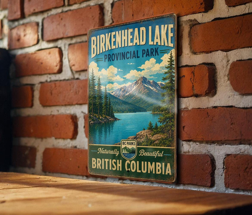A vintage-style metal sign for Birkenhead Lake, a scenic park in British Columbia, Canada.