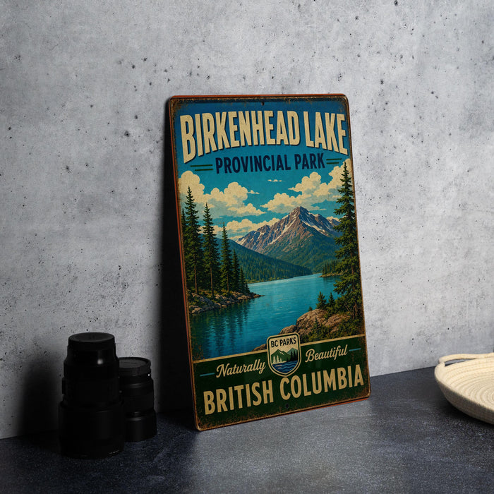 A vintage-style sign for Birkenhead Lake, a scenic park in British Columbia, Canada.