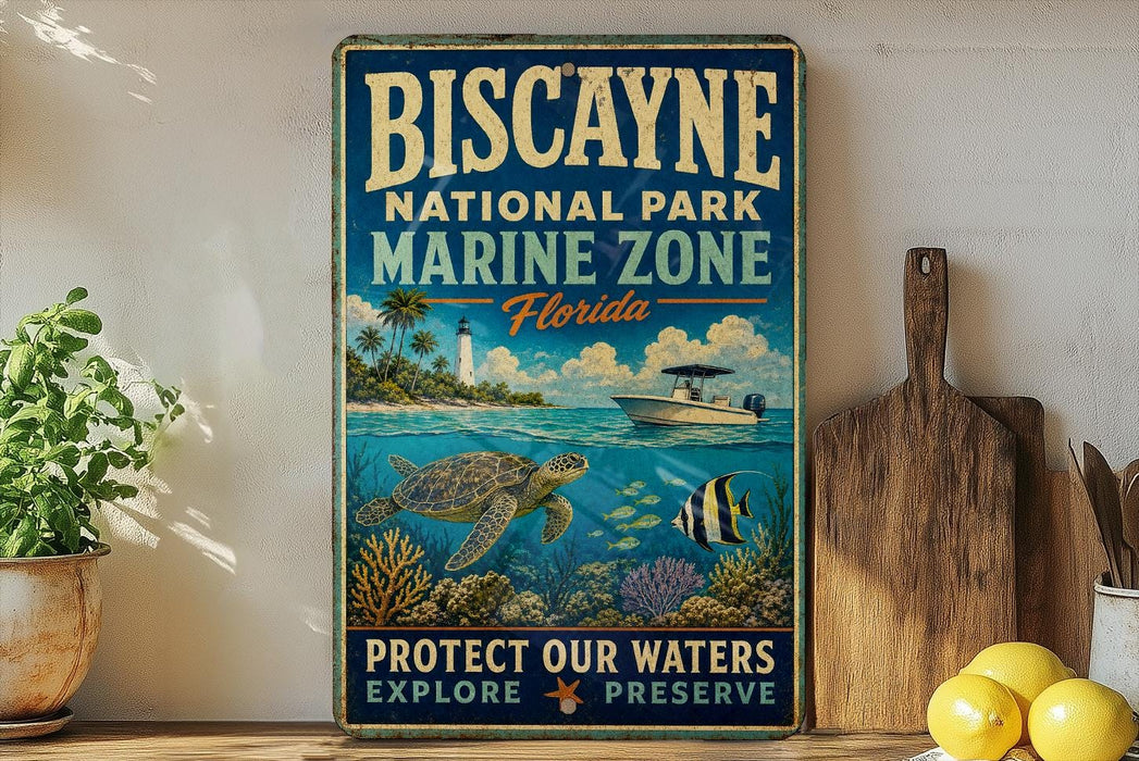 A vintage-style metal sign for Biscayne National Park's Marine Zone, featuring illustrations of marine life and a lighthouse, along with the text "PROTECT OUR WATERS EXPLORE PRESERVE".
