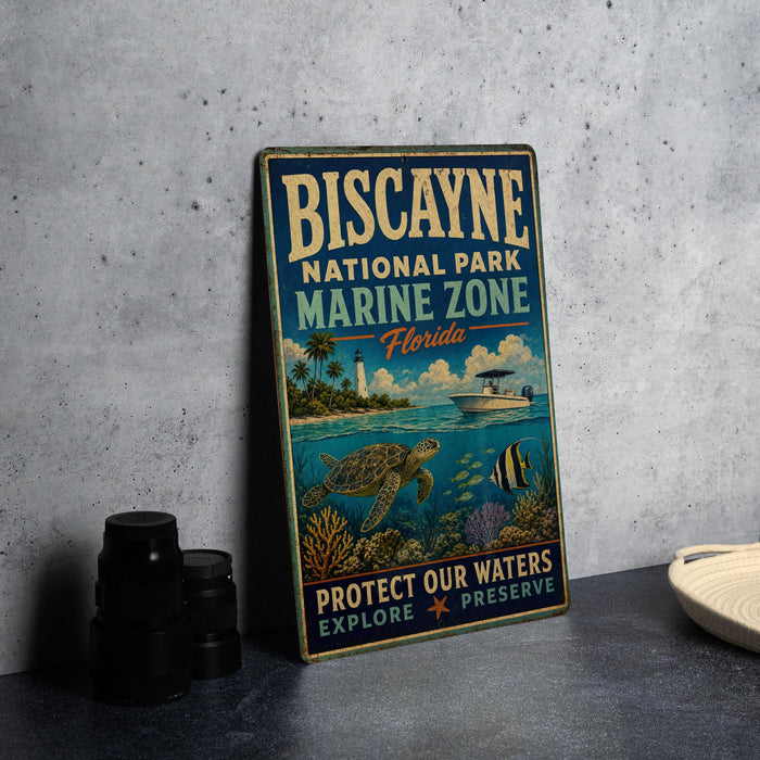 A vintage-style metal sign for Biscayne National Park, featuring an illustration of a turtle, coral, and fish, along with the text "PROTECT OUR WATERS EXPLORE PRESERVE".