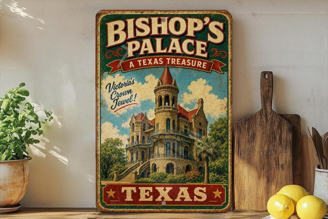 A vintage-style sign for "Bishop's Palace" in Texas, featuring a castle-like building with a red roof and surrounded by trees.